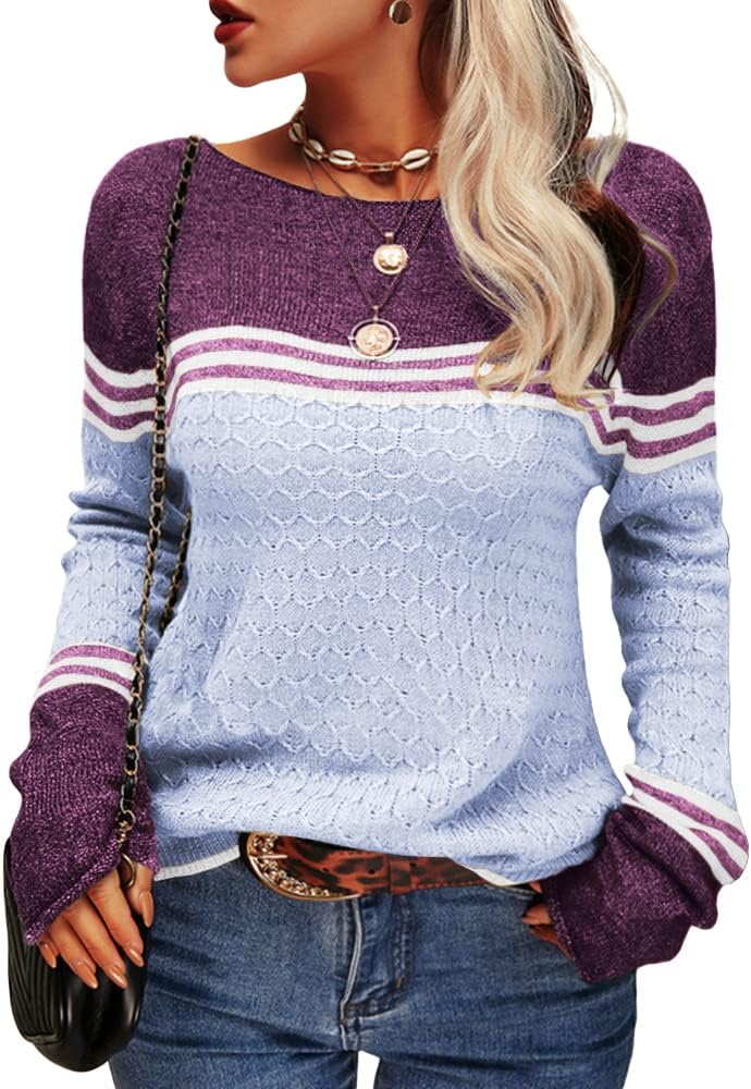 Danedvi Women Autumn Winter Colorblock Pullover Sweaters Round Neck Striped Slim...
