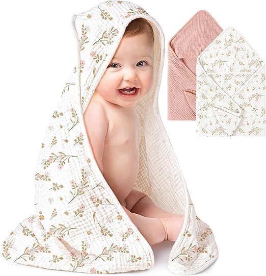 Konssy 2-Pack Muslin Hooded Baby Towels, 100% Cotton, Ultra-Soft & Absorbent Bab...