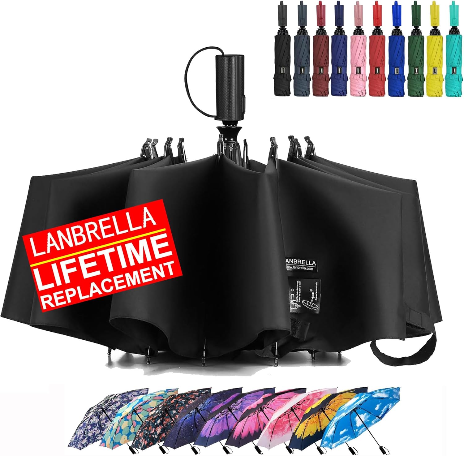 LANBRELLA Compact Reverse Folding Umbrella Auto Wi...
