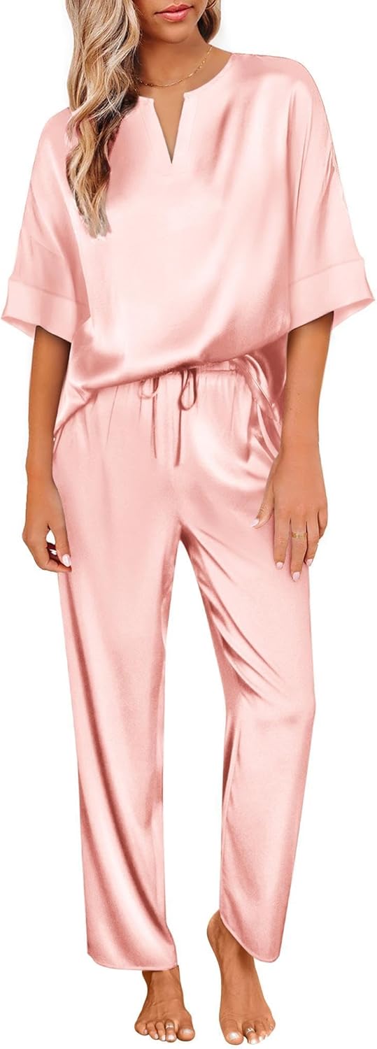 Ekouaer Satin Pajama Set Womens Silk Short Sleeve V Neck Shirt with Long Pant So...