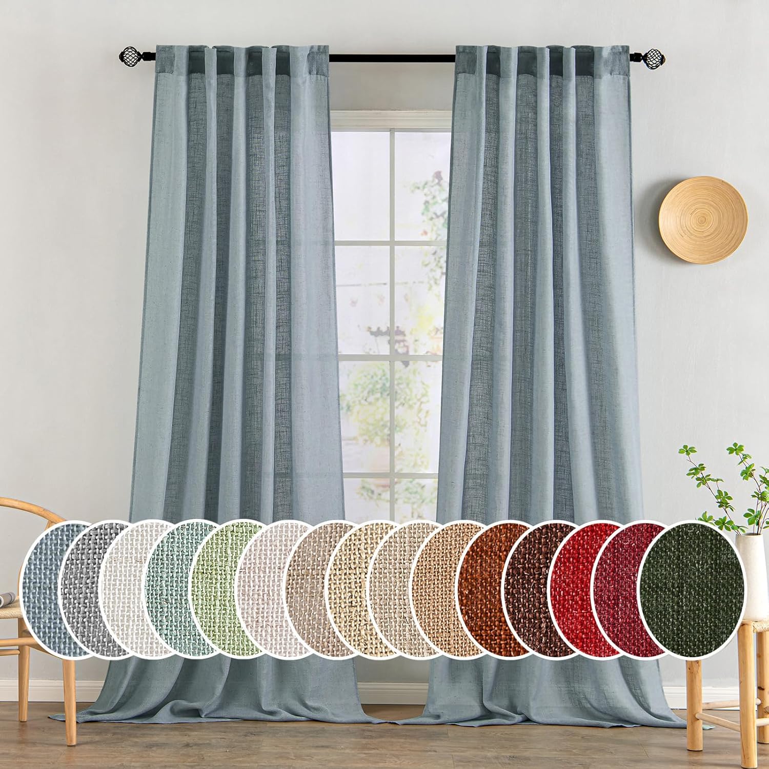 MIULEE Dusty Blue Linen Curtains 108 Inches Long 2 Panels for Bedroom Living Roo...