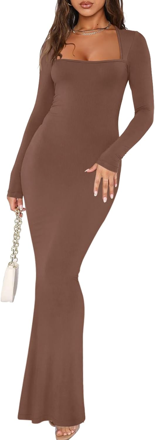 REORIA Womens Basic Sexy Square Neck Long Sleeve Soft Lounge Long Dress Fall Cas...