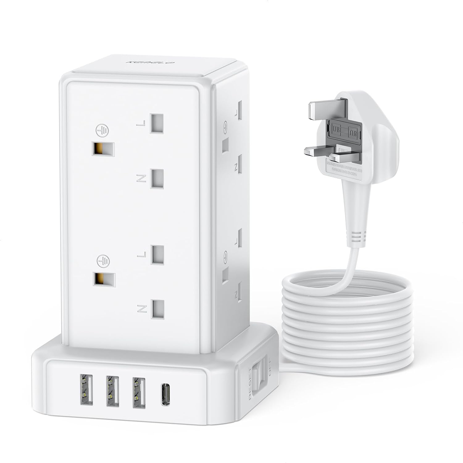 Tower Extension Lead with 8 Way Multi Plug Extension Tower & 4 USB Ports (13A 32...
