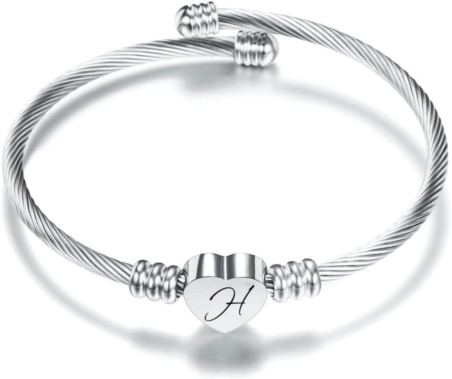 KENYG Delicate Silver Love Heart 26 Initial Letter Alphabet A-Z Cuff Bracelet Op...