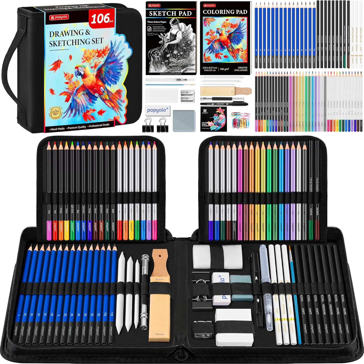 106 PCS Art Supplies Drawing Kit, Pro Drawing Supplies with 3-Color Sketchbook,...