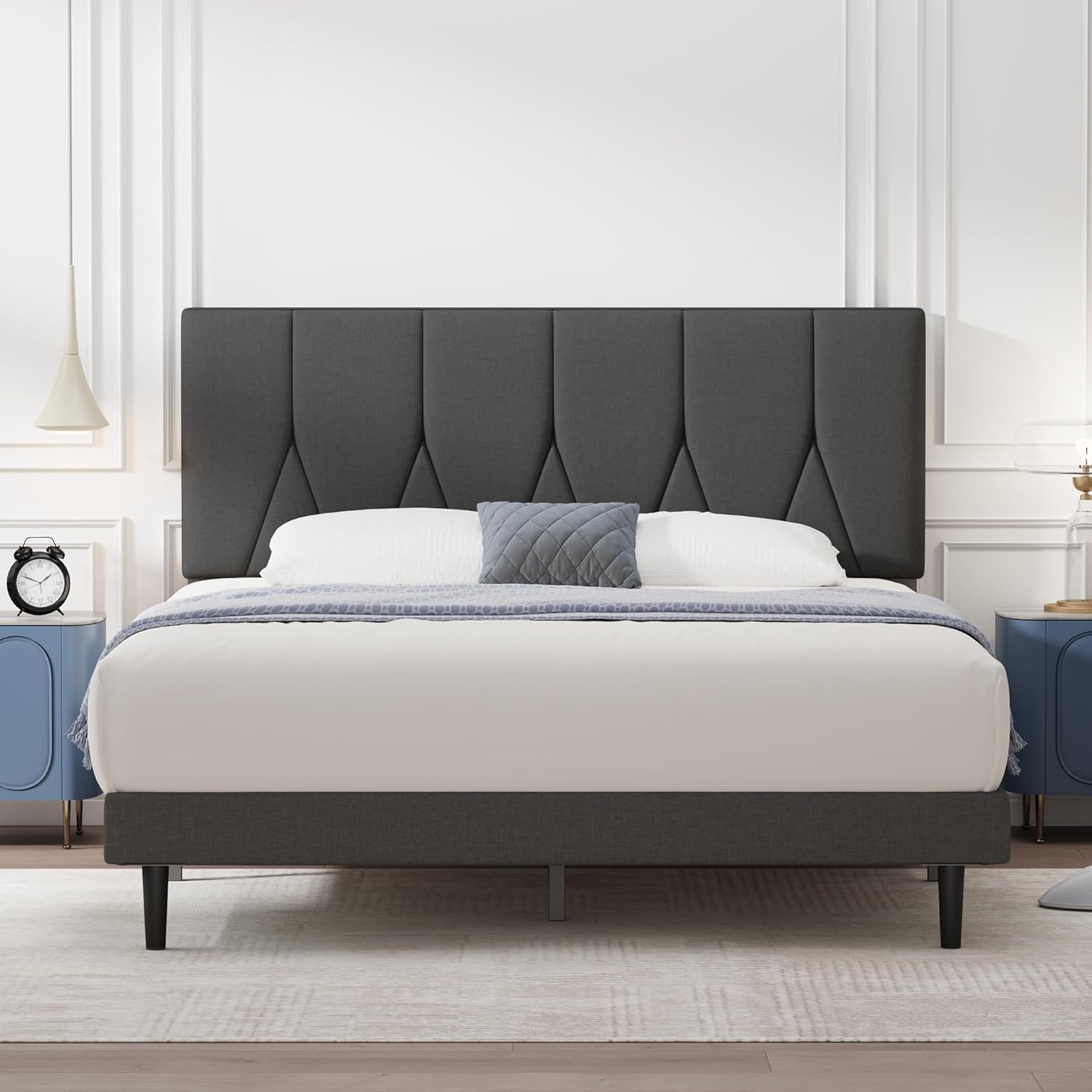 Yocreat King Bed Frame, Dark Grey, Upholstered Wooden Slat Bed Frame with Headbo...