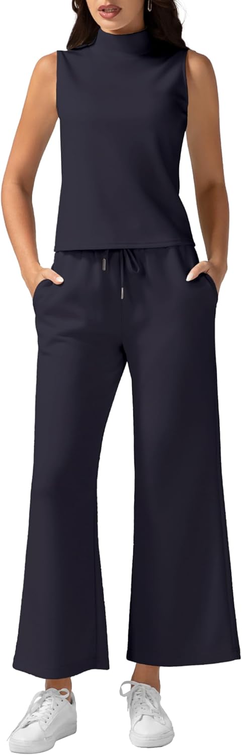 Women's Summer 2 Piece Outfits Mock Neck Tank Top Cropped Wide Leg Pants Lounge...