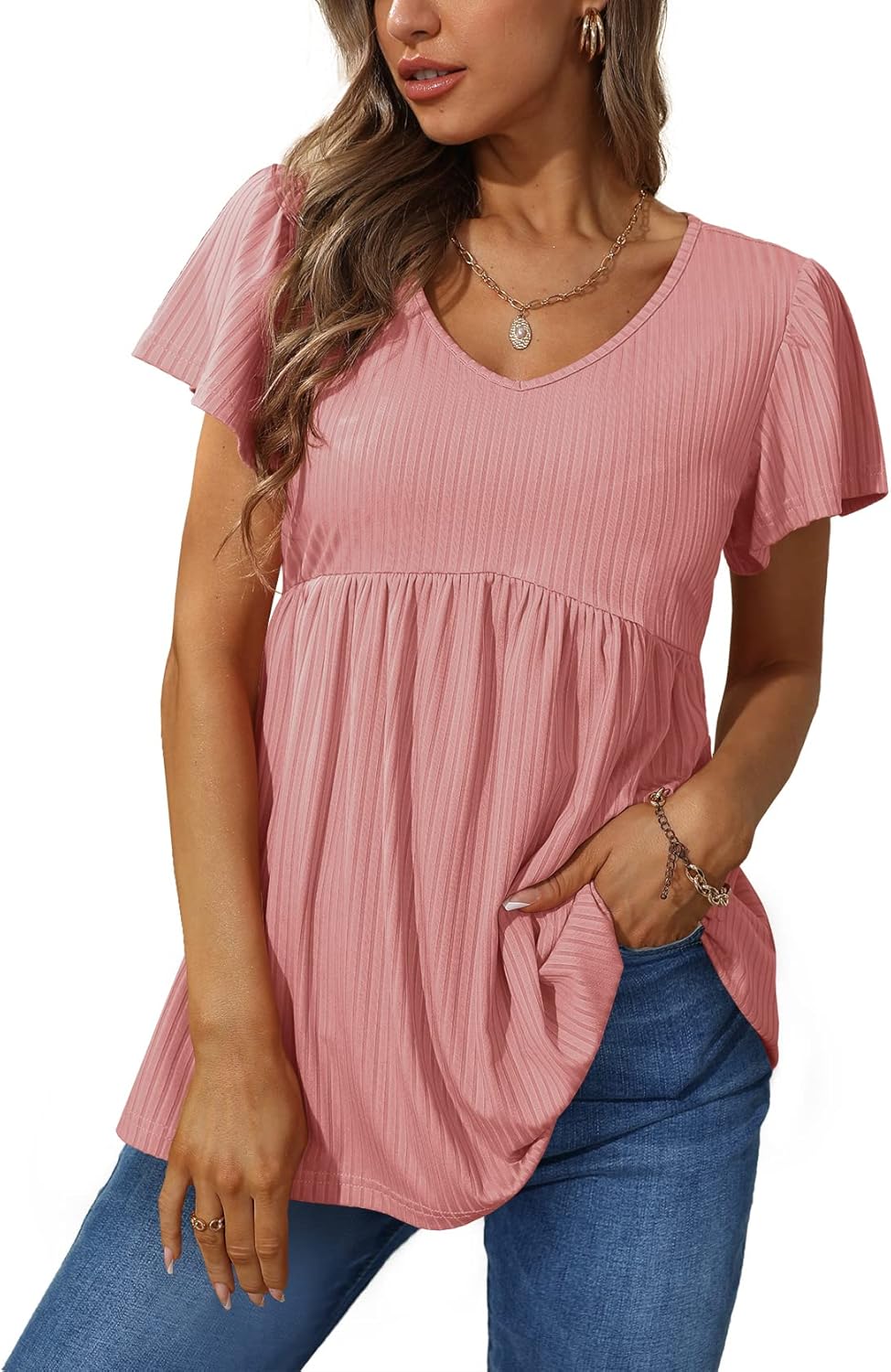 Glanzition Women Ruffle Short Sleeve V Neck Oversized Shirt Tunic Babydoll Tops...