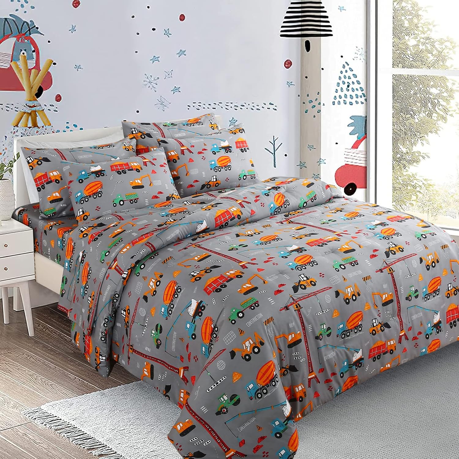 HollyHOME Grey Kids Twin Comforter Set for Boys, 5 Pieces Bed in a Bag Cartoon T...