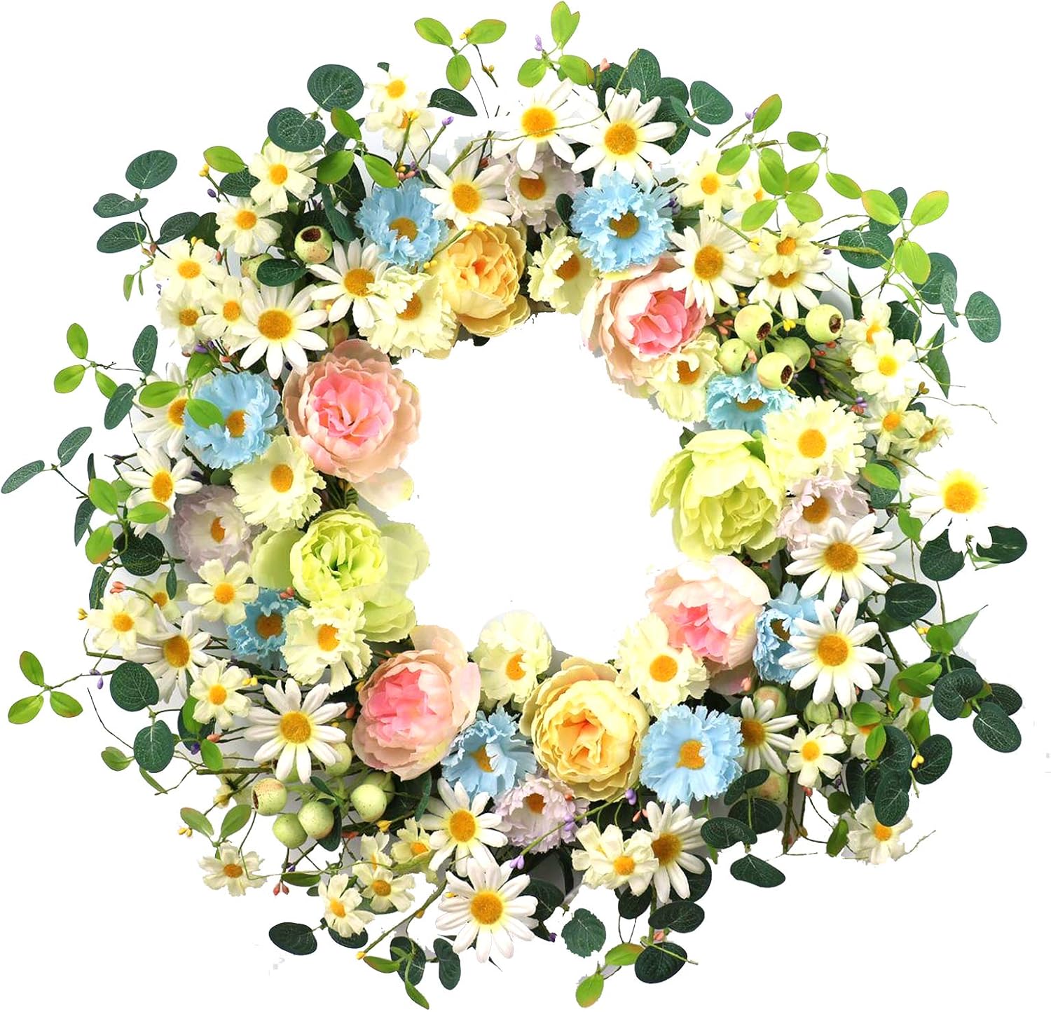 24” Artificial Flower Wreath,Daisy and Rose Wreath Colorful Spring/Summer Floral...