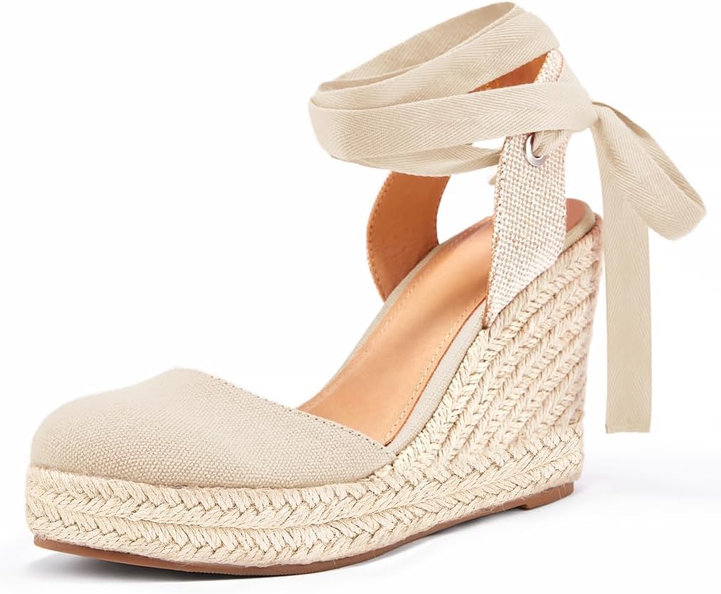Ermonn Womens Espadrilles Wedge Sandals Platform Closed Toe Ankle Strap Lace Up...