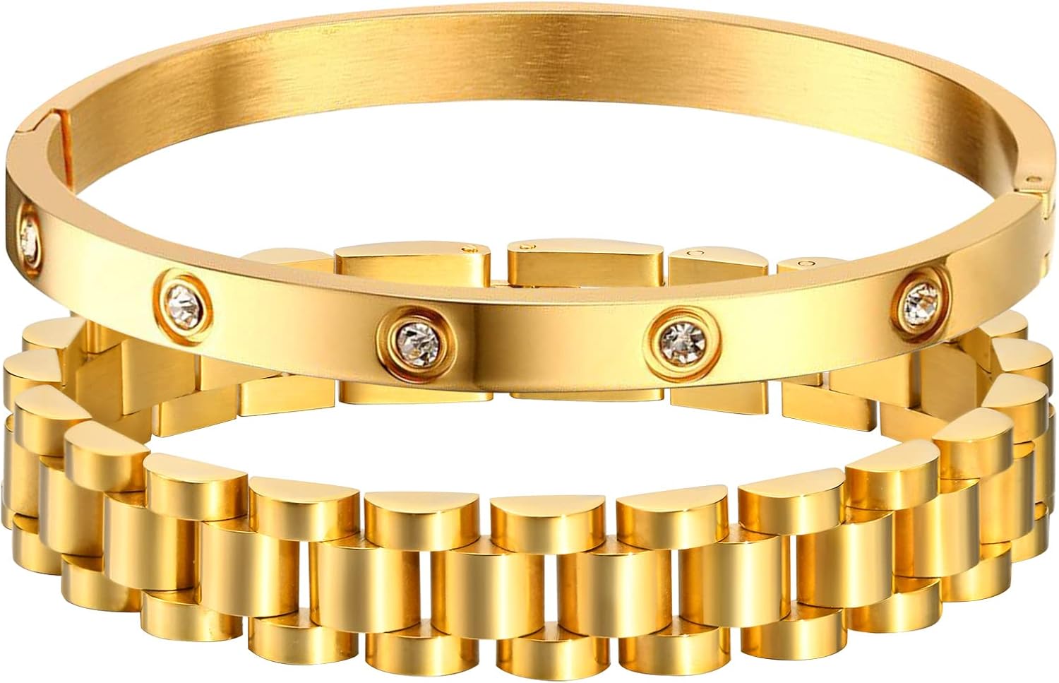 MPRAINBOW 2pcs Gold Chain Link Bracelet - Stainless Steel Love Crystal Friendshi...