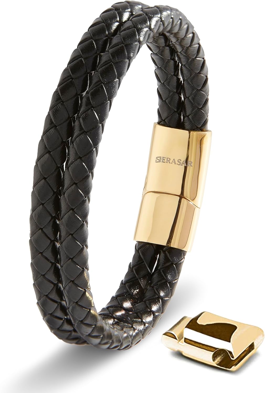 SERASAR Premium Leather Bracelet for Men - Magnetic Stainless Steel Clasp in Bla...
