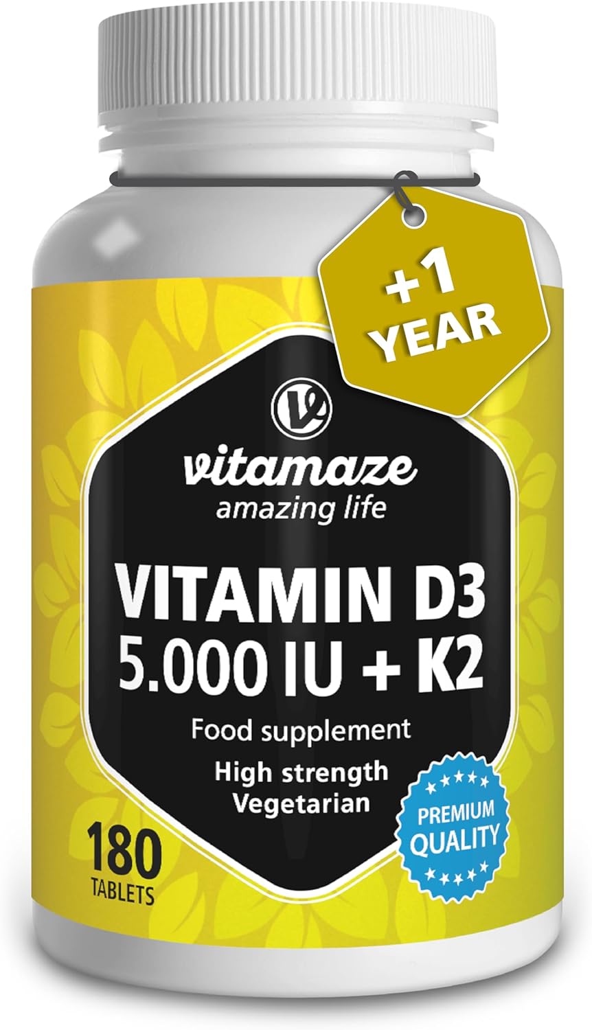 Vitamin D3 5000IU & Vitamin K2 100ug (MK7) | 180 High Strength Vitamin D3 K2 Tab...