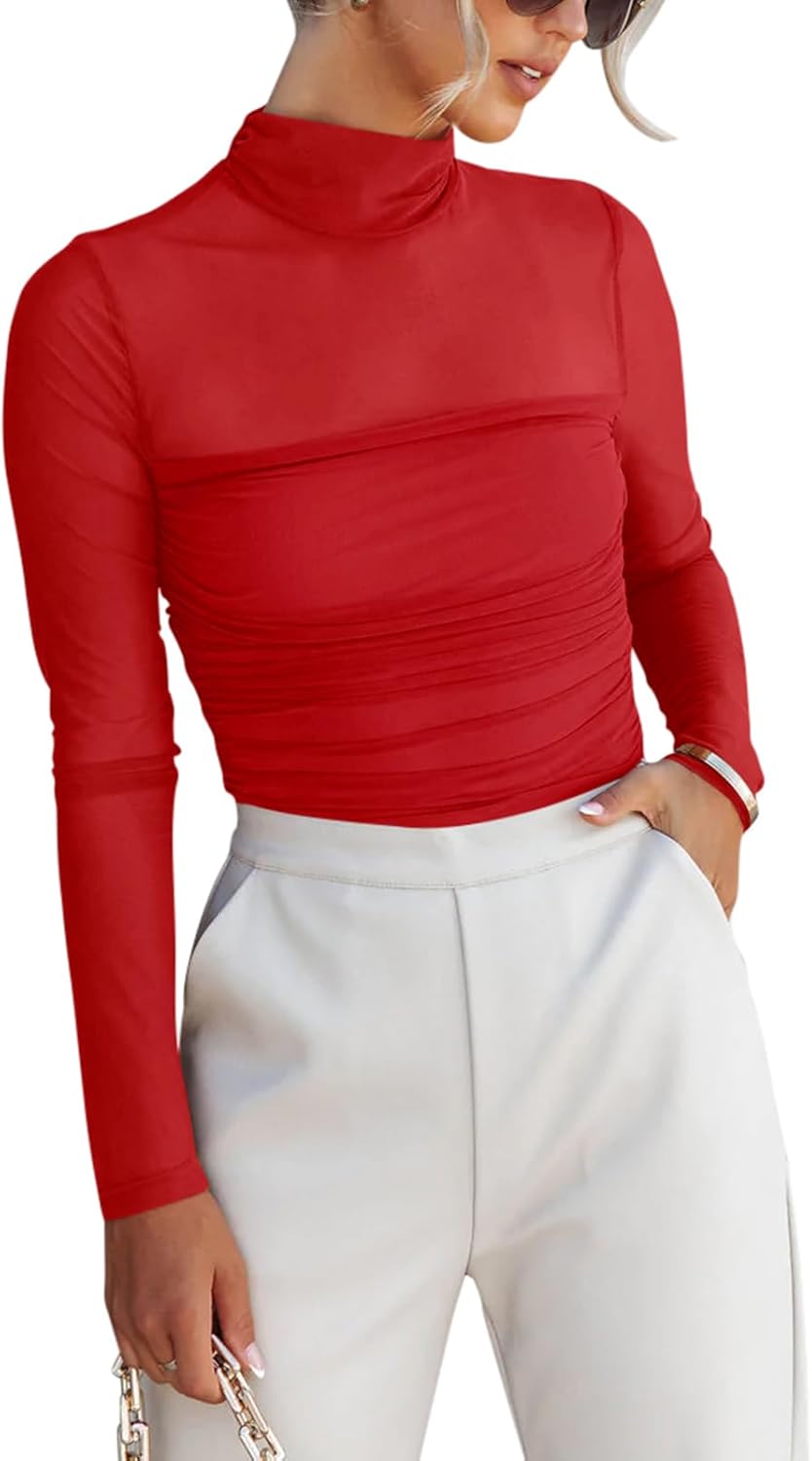 REORIA Women’s Trendy Sexy Mock Turtle Neck Long Sleeve Sheer Mesh Ruched Going...