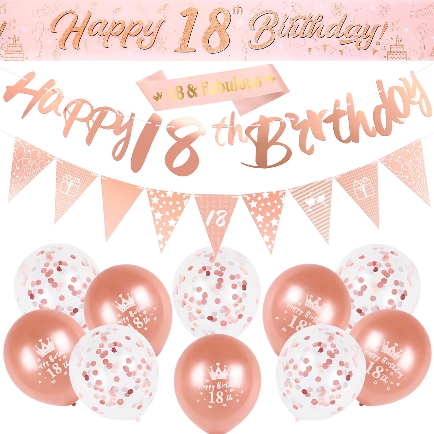 18th Birthday Decorations Kit Rose Gold Happy 18th Birthday Banner Triangle Flag...