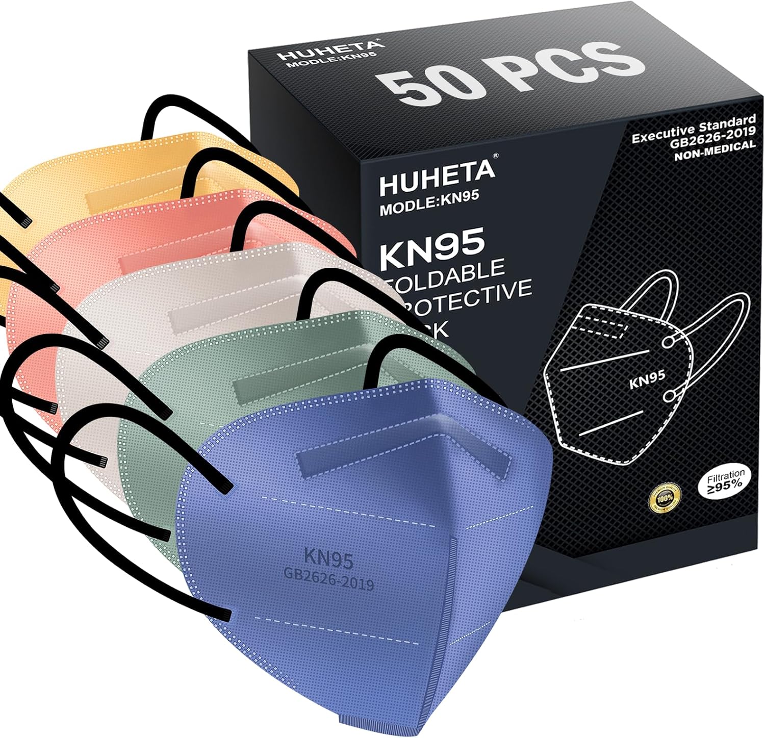 HUHETA 50 PCS Wrapped KN95 Face Mask, 5 Ply Protective Masks Filter Efficiency≥9...