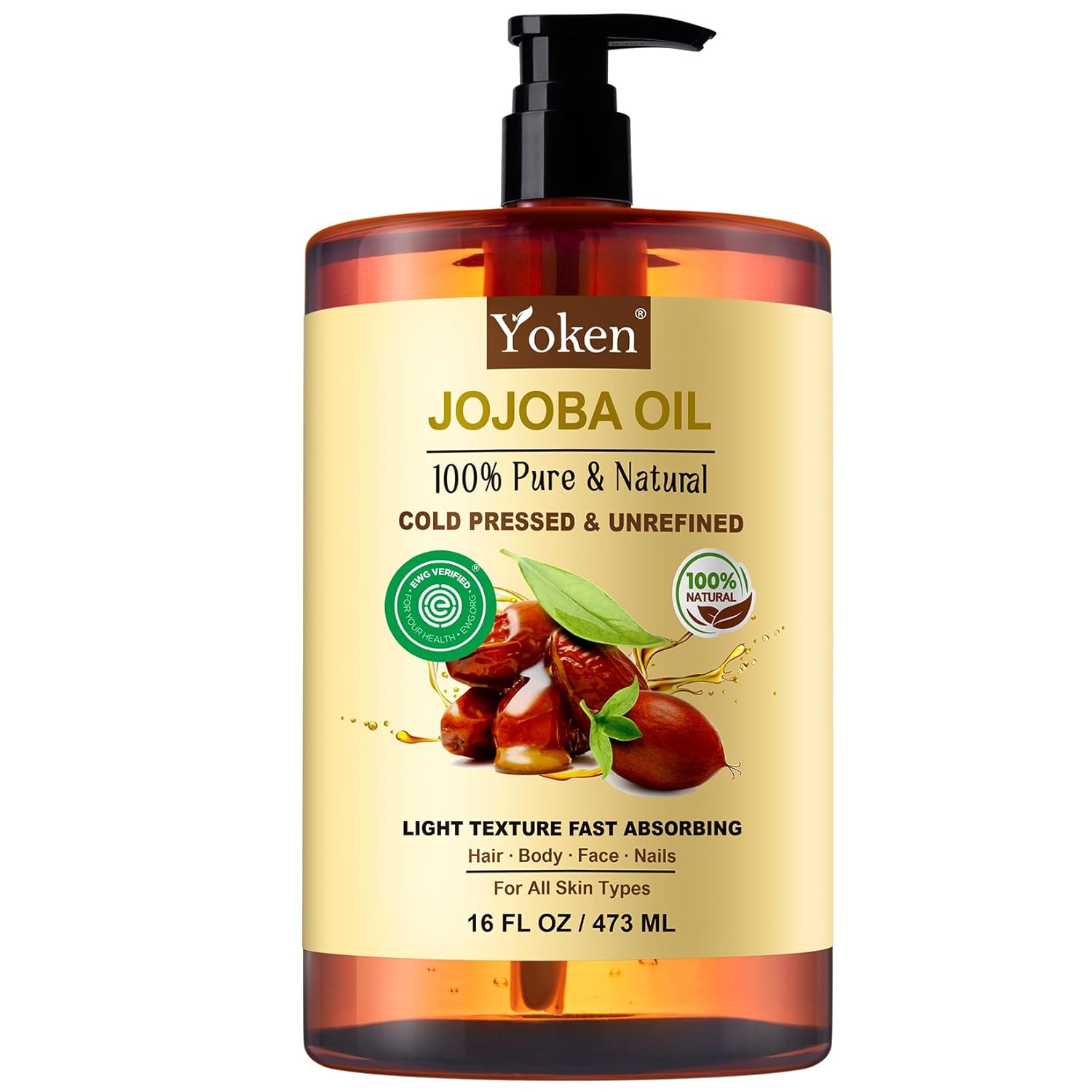 Yoken Pure Jojoba Oil EWG Verified 16 fl oz, 100% Natural Jojoba Oil for Hair, S...