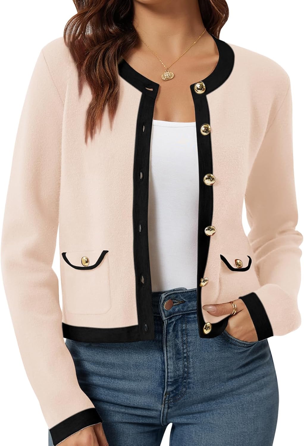 Yousify Womens Button Down Cardigan Long Sleeve Color Block Cropped Cardigan Swe...