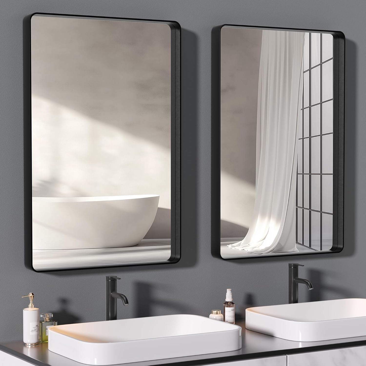 Hasipu 2 PCS Bathroom Mirror for Wall, 36 x 24 Inch Black Metal Framed Bathroom...