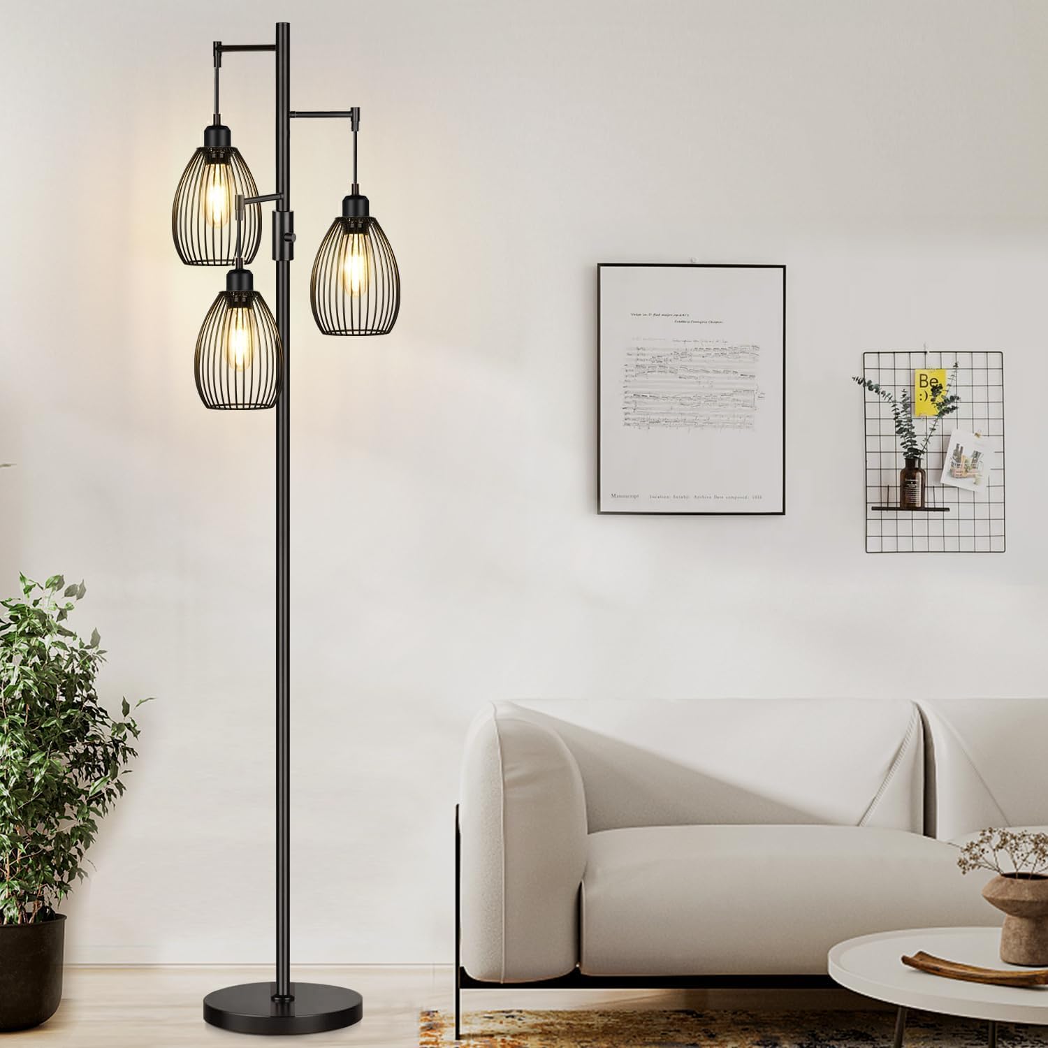 Dimmable Floor Lamp, 3 x 800LM LED Edison Bulbs Included, Farmhouse Industrial F...
