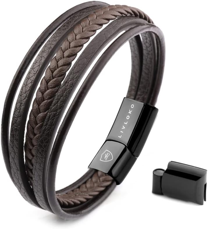 LIVLOKO Mens Bracelet Leather Black Multi-Layer Bracelet for Men Magnetic Clasp...