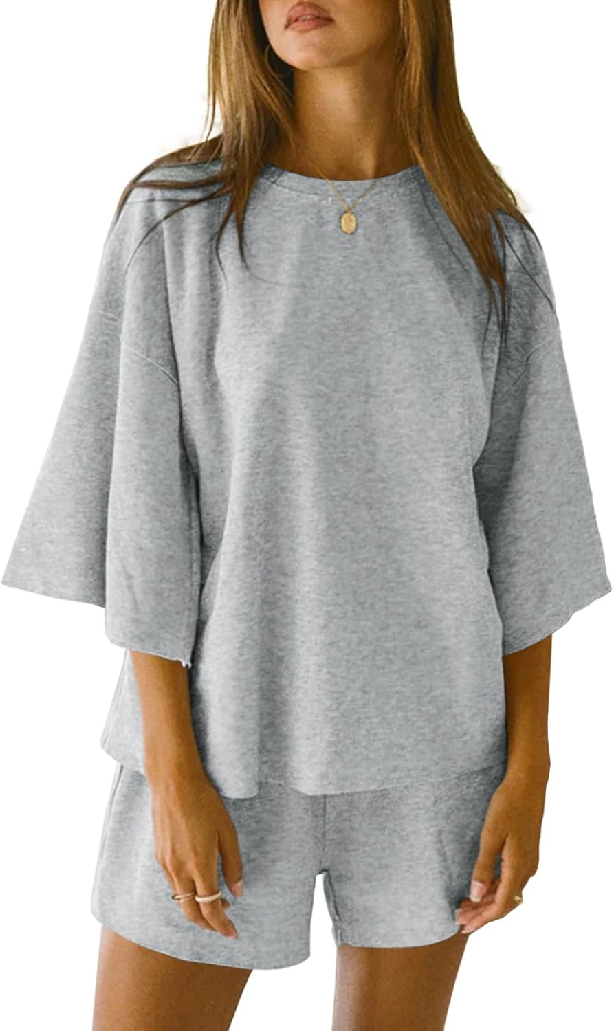 Tankaneo Womens Pajama Sets 3/4 Sleeve Oversized Tops and Elastic Waist Shorts L...