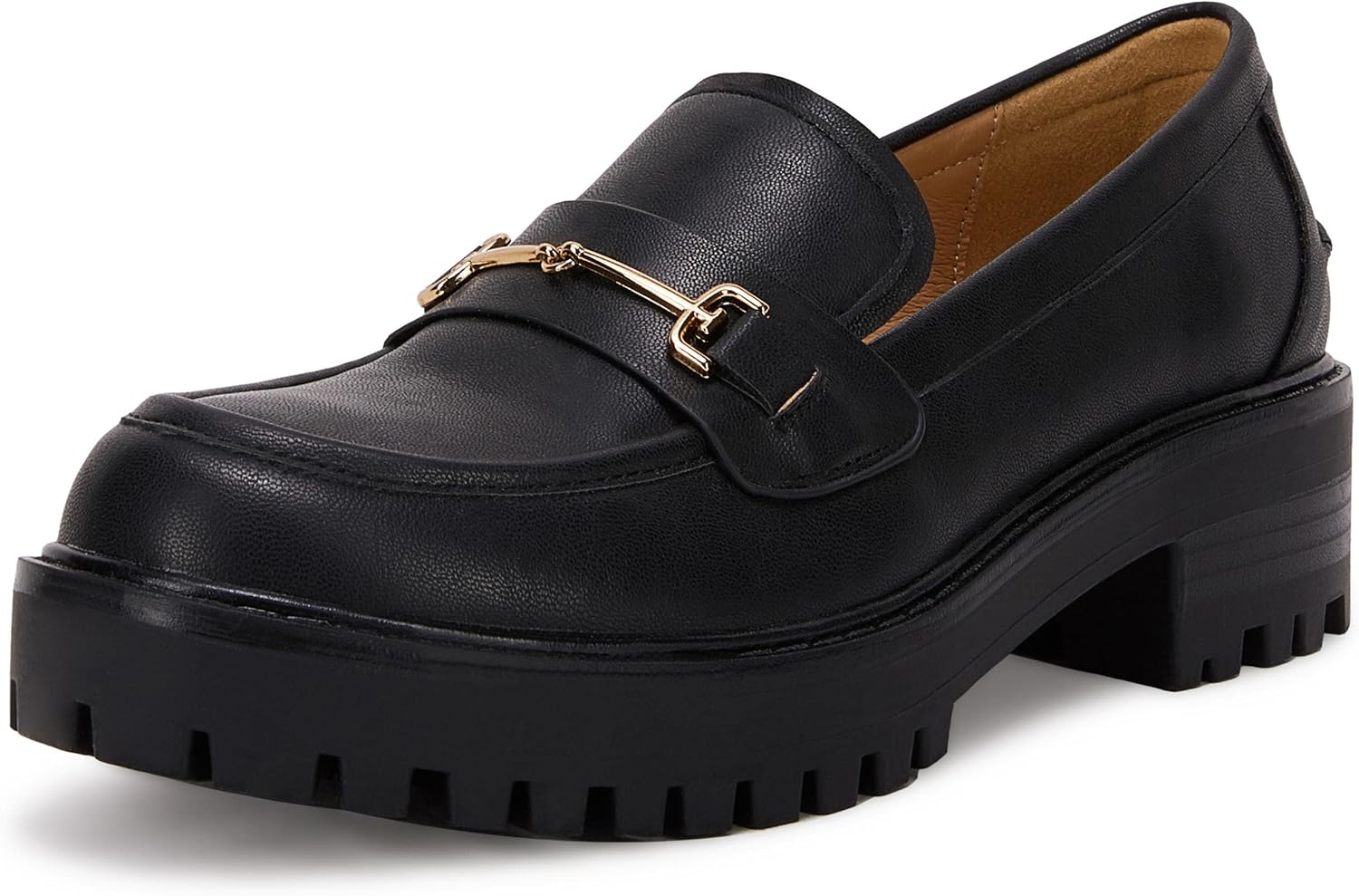 VETASTE Womens Lug Sole Platform Mid Chunky Heel Loafers Classic Round Toe Slip...