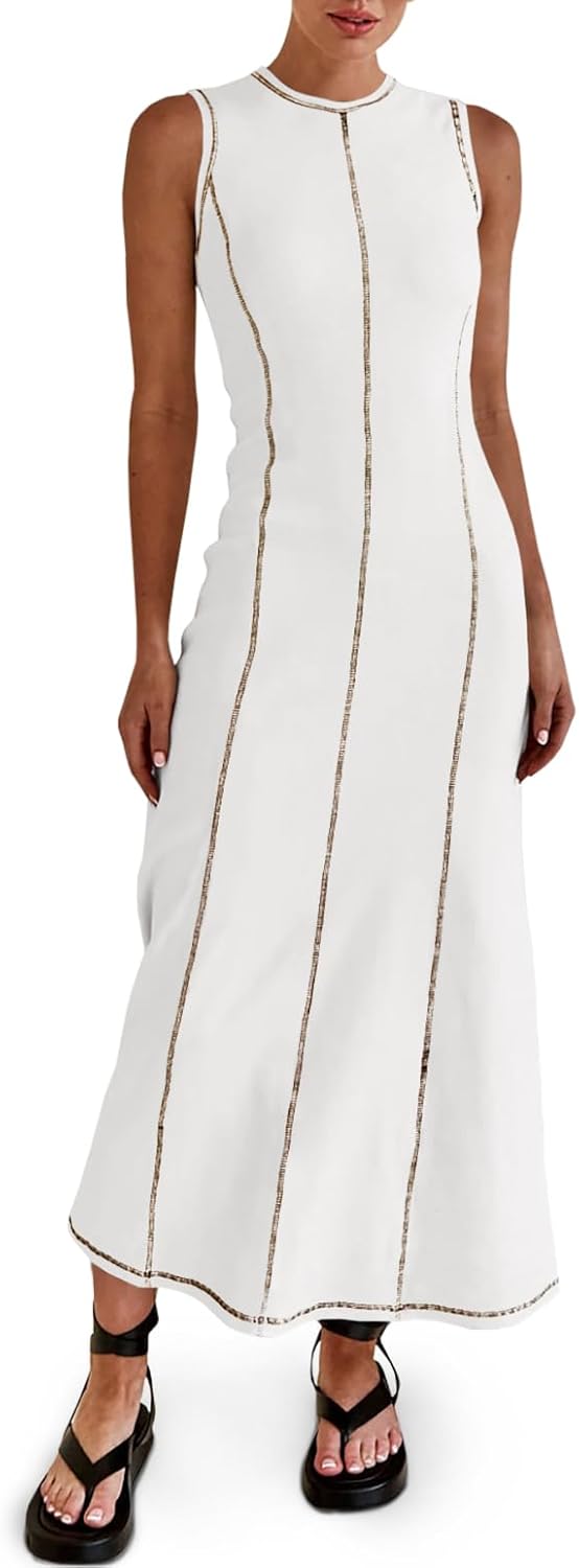 Wenrine Womens Sleeveless T Shirt Dress Summer Contrast Stitch Ribbed Knit Tank...