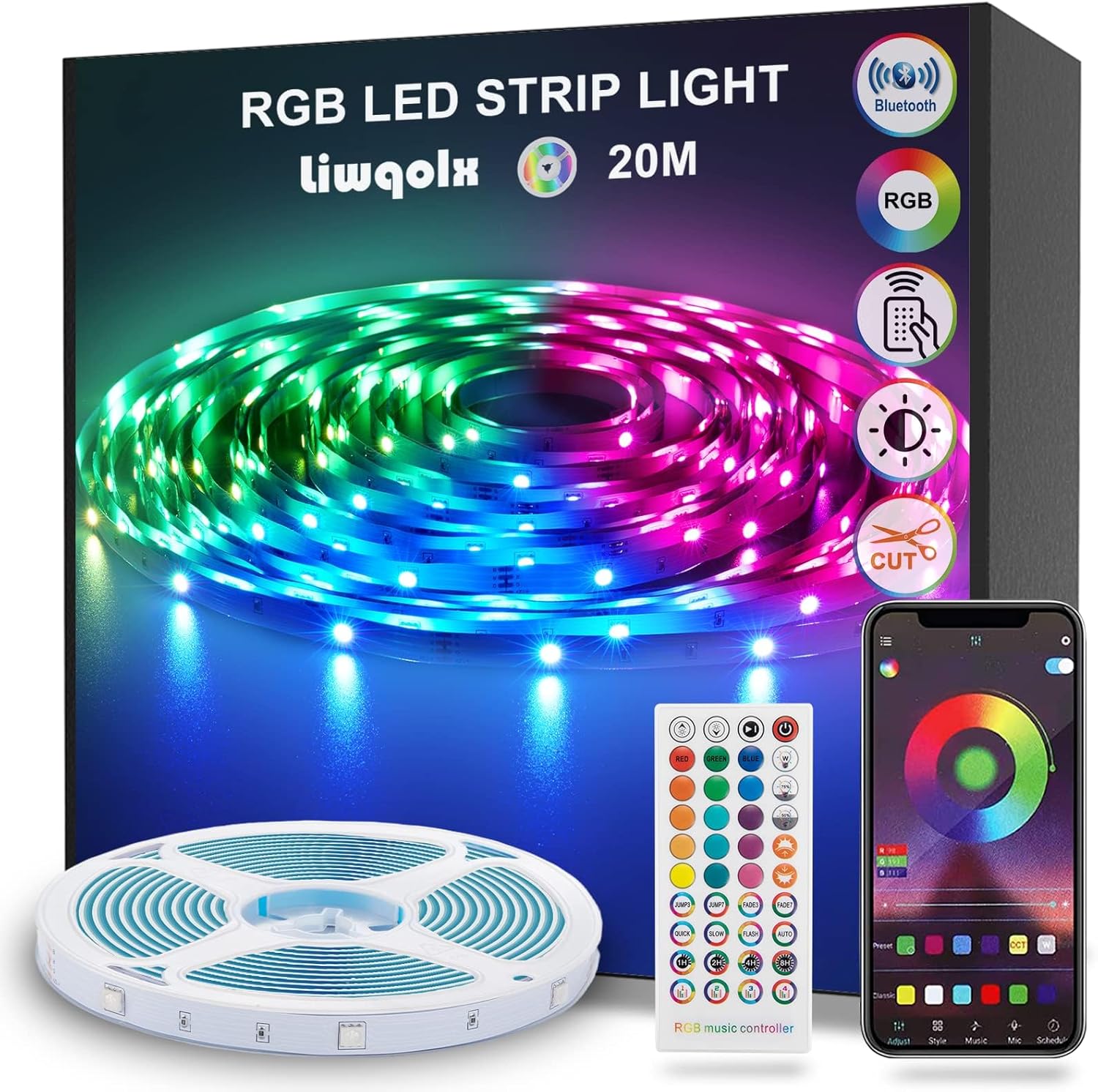 LED Strip Lights 20m, RGB Bluetooth Ultra-Long LED Light with Remote, Music Sync...