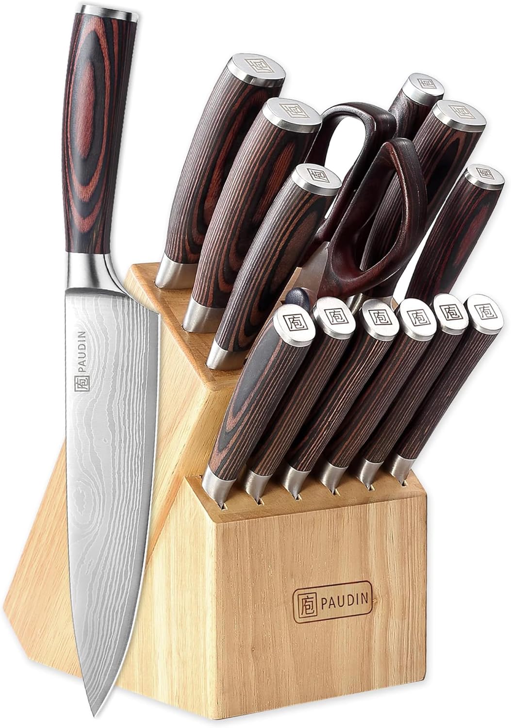 PAUDIN Knife Set with Block, 14 Pieces Knife Block Set, Sharp High Carbon Stainl...
