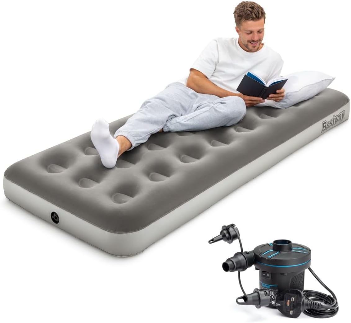 Bestway Premium Camping Single Airbed with Handheld Electric Pump, Single Flocke...