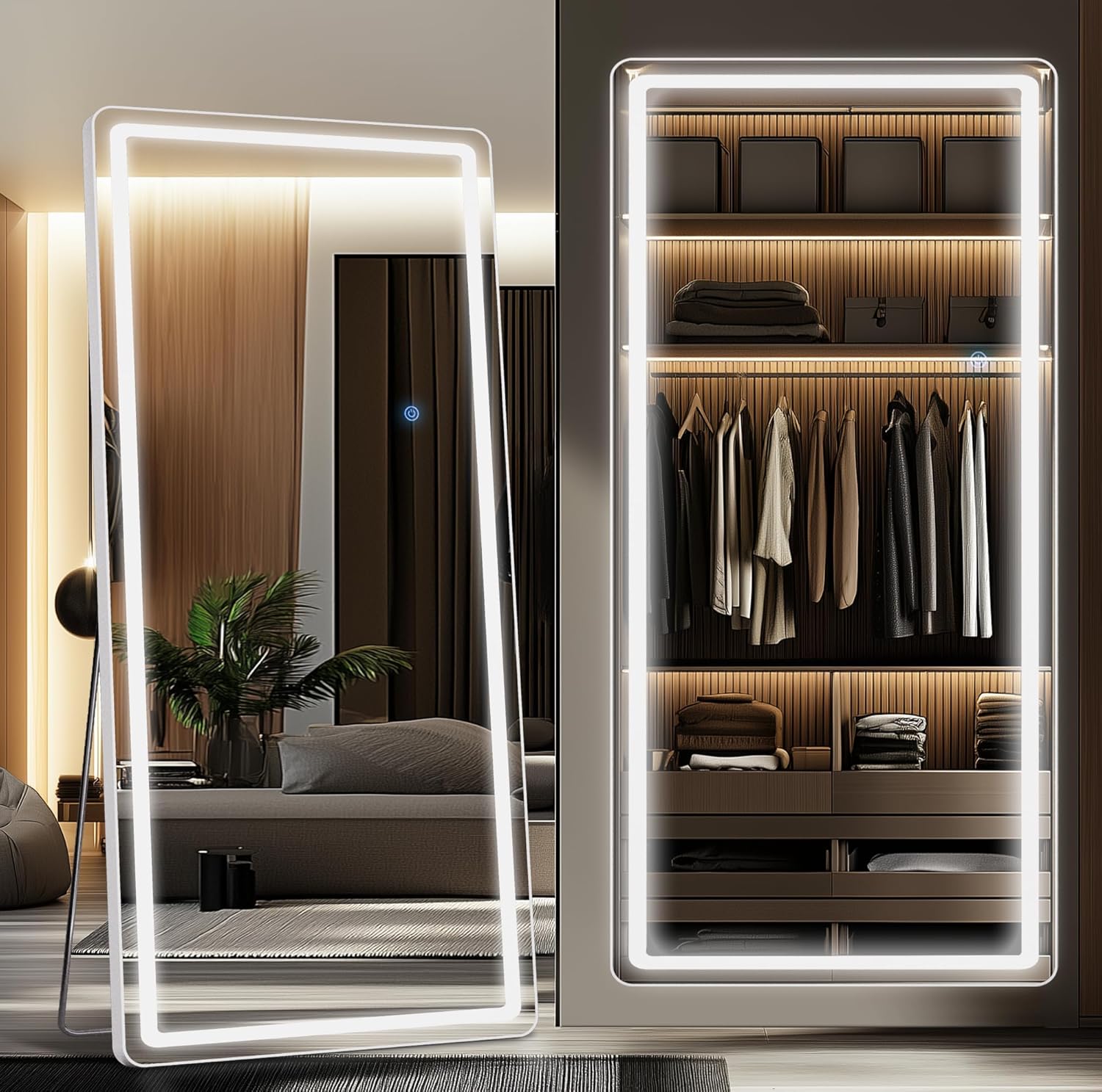 Antok LED Full Length Mirror, 76" x 34" Lighted Floor Standing LED Mirror Full L...