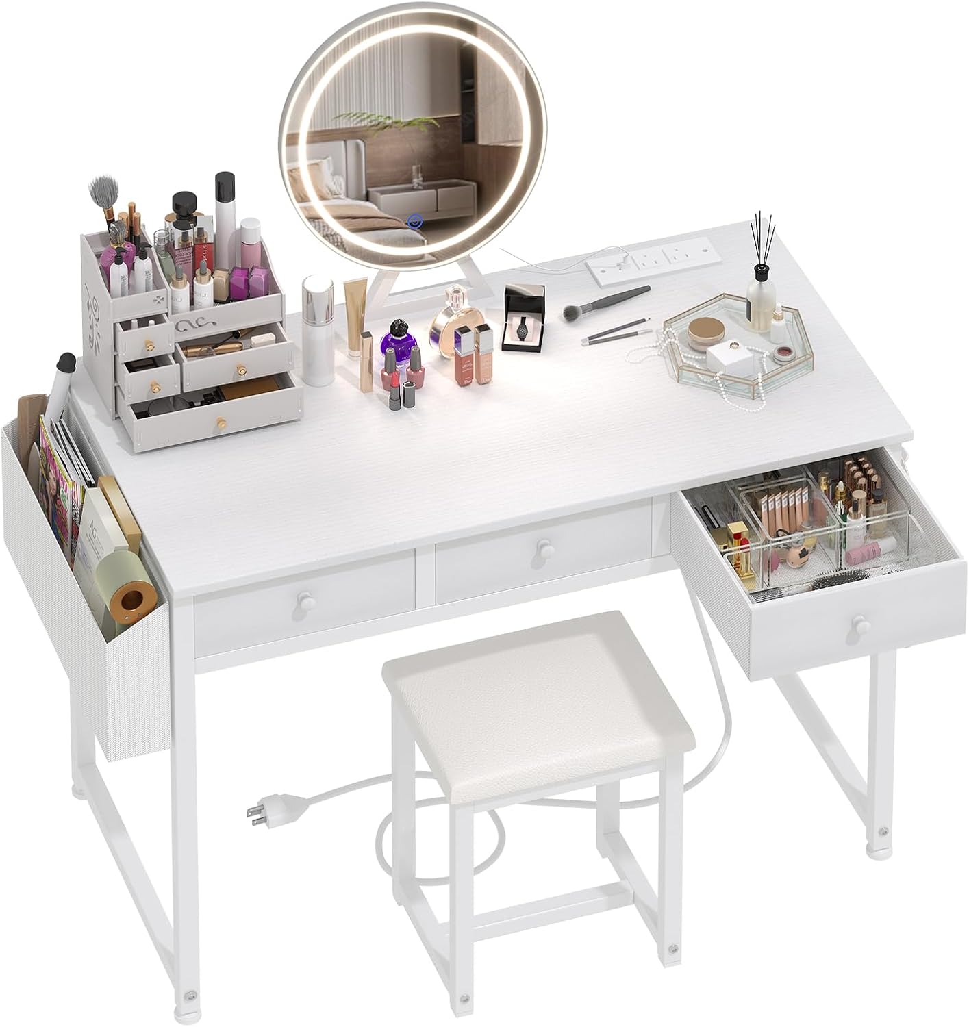 Lufeiya White Makeup Vanity Desk with Mirror and Lights, 40 inch Make Up Vanity...