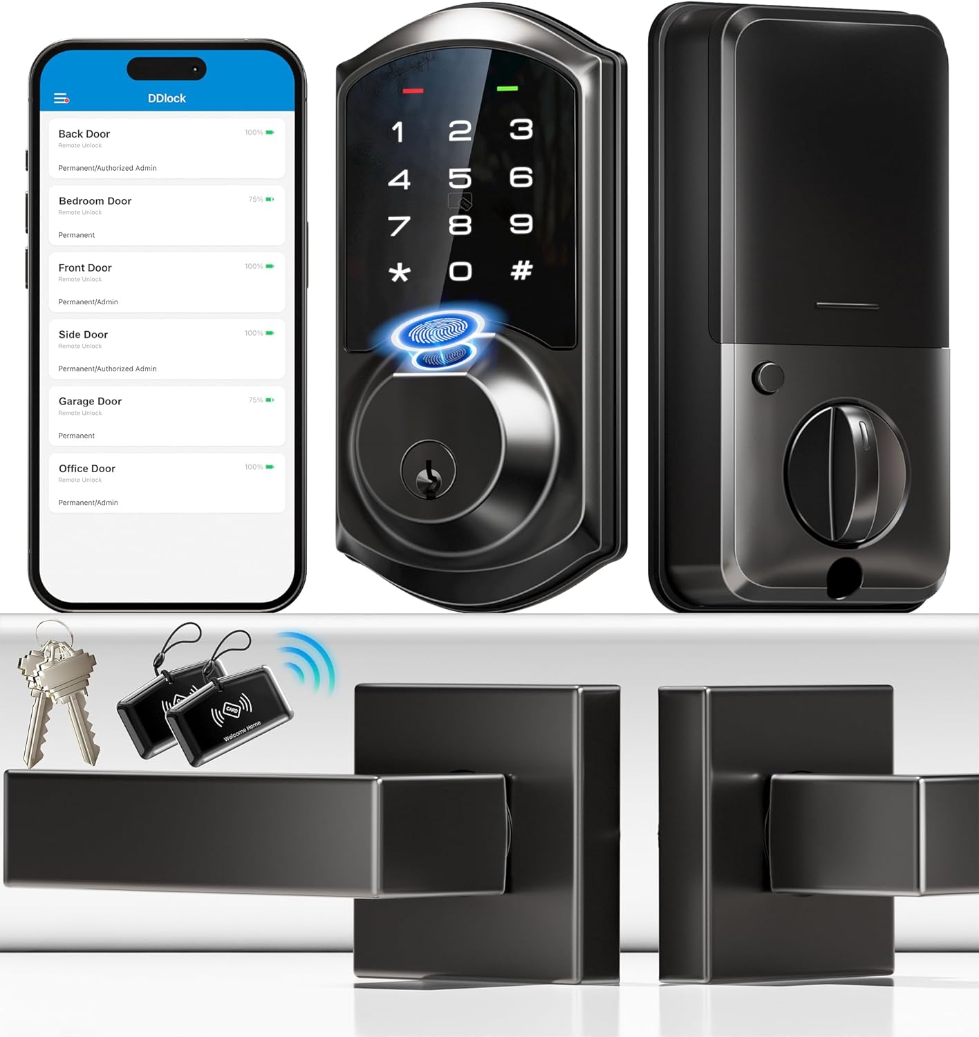 Veise Fingerprint Smart Locks for Front Door with 2 Lever Handle Set, App Contro...