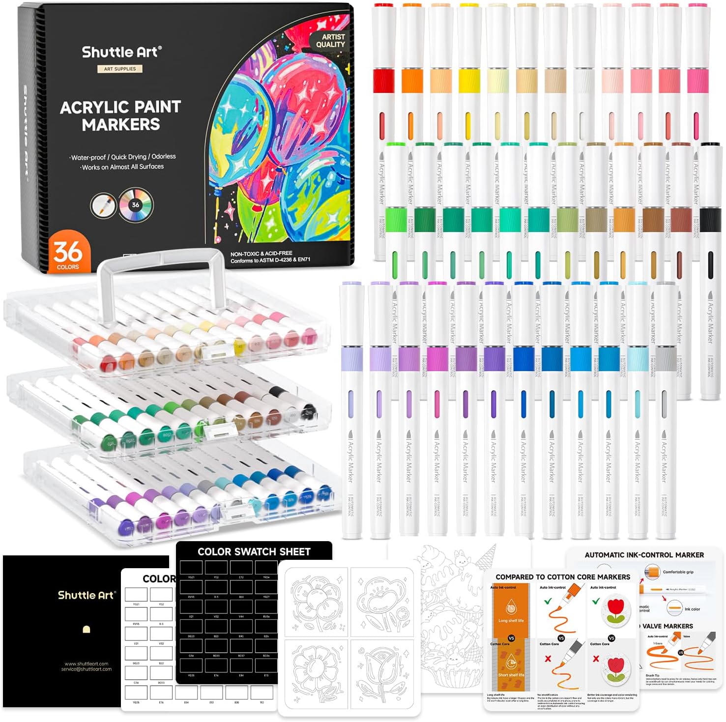 Shuttle Art Automatic Ink Control Acrylic Paint Markers, 36 Colors Brush Tip Acr...