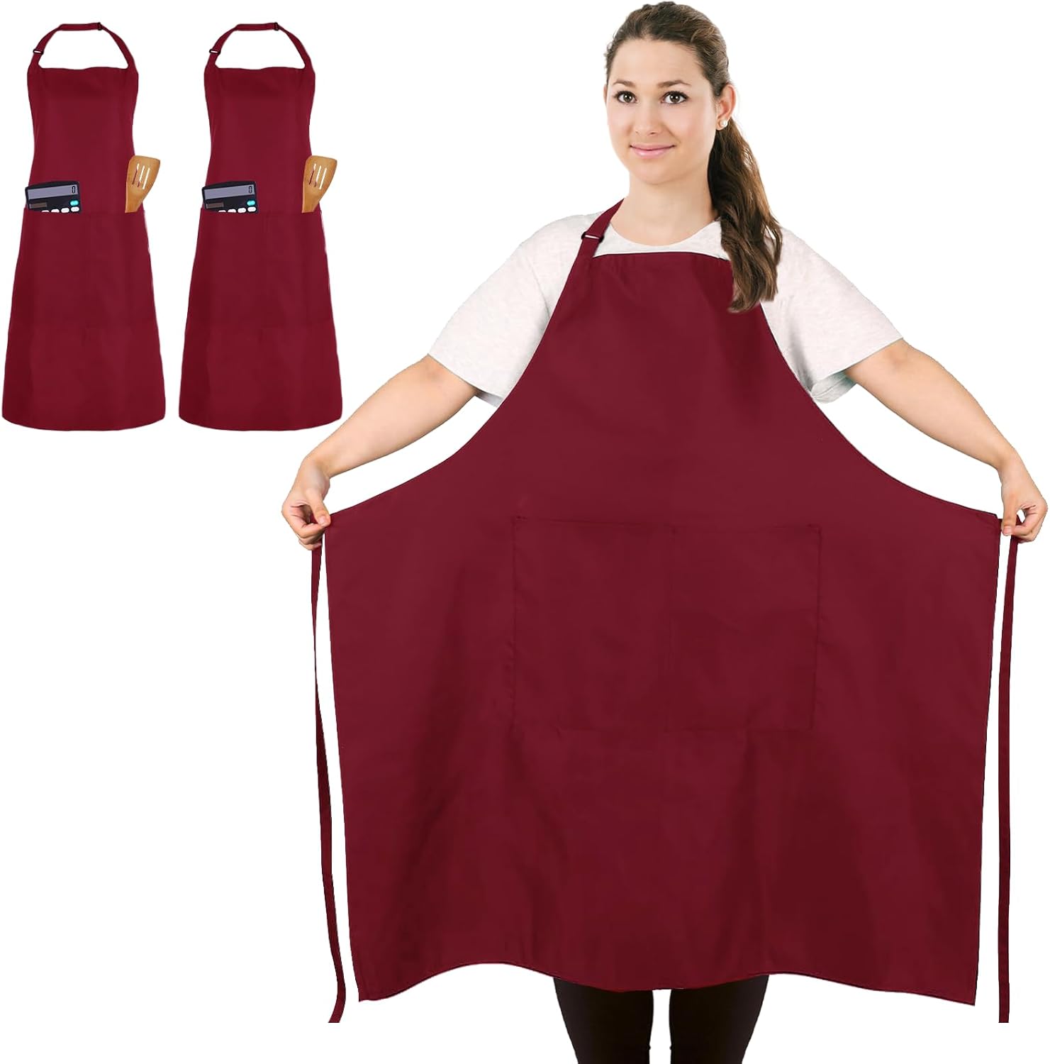 FunChaos 2 Pcs Plus Size Chef Apron, Deep Red Apron, Unisex Apron with 2 Pockets...