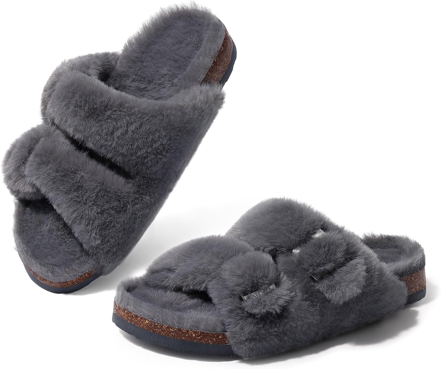 KIDMI Fuzzy Slippers Women with Cork Footbed Fluffy Slides Open Toe Indoor House...