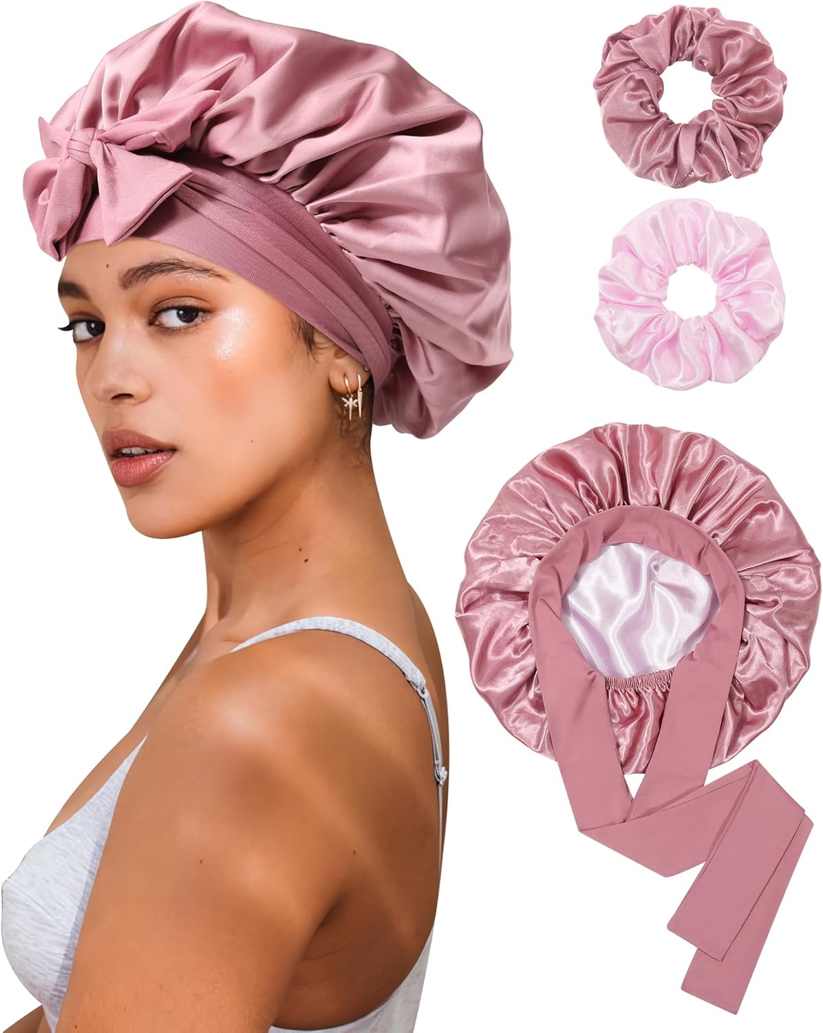 Reversible Satin Bonnet for Sleeping Women Double Layer Hair Bonnet with 2PCS Ha...