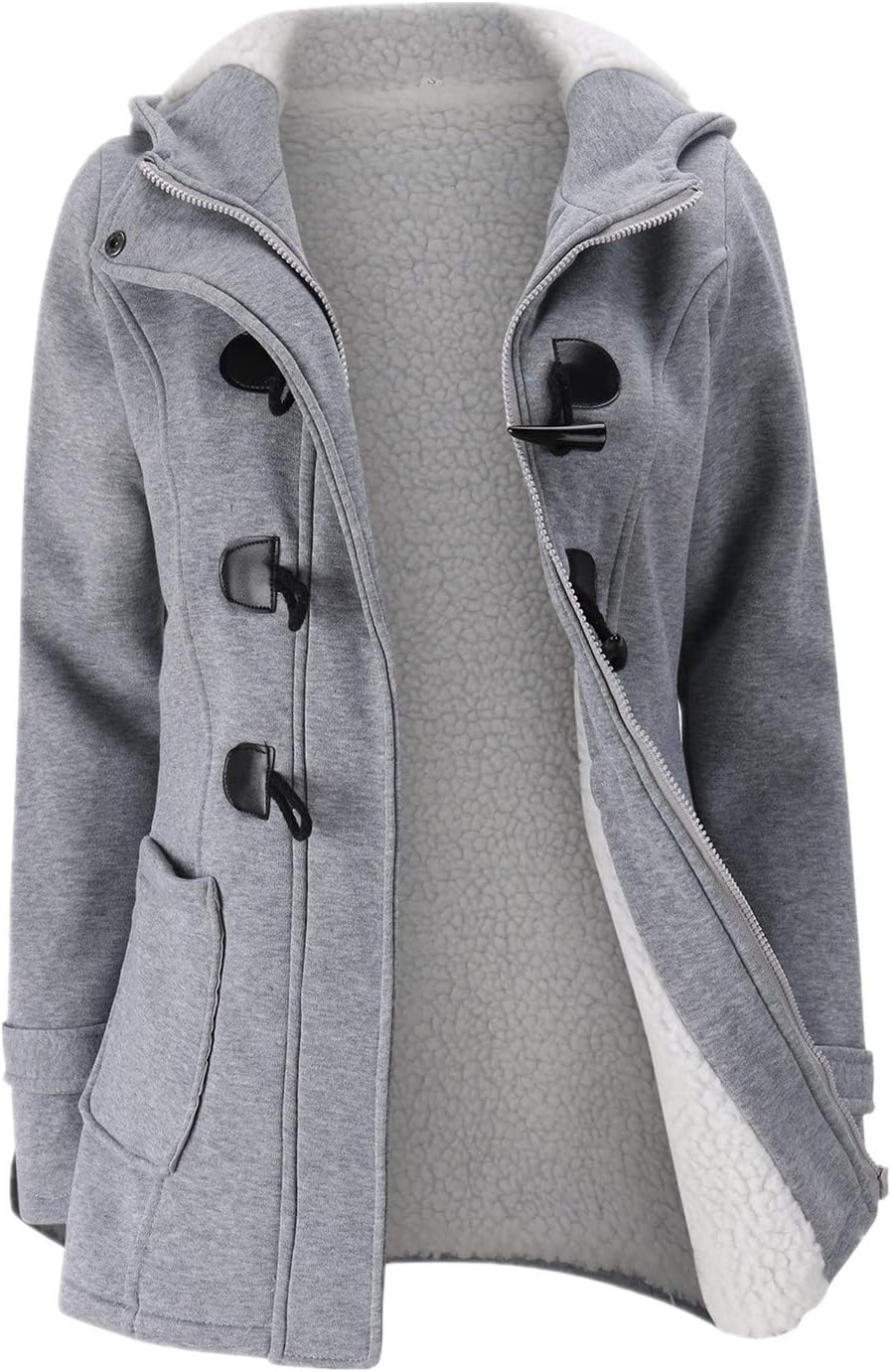 JiangWu Womens Fashion Horn Button Fleece Thicken Coat with Hood Winter Warm Jac...
