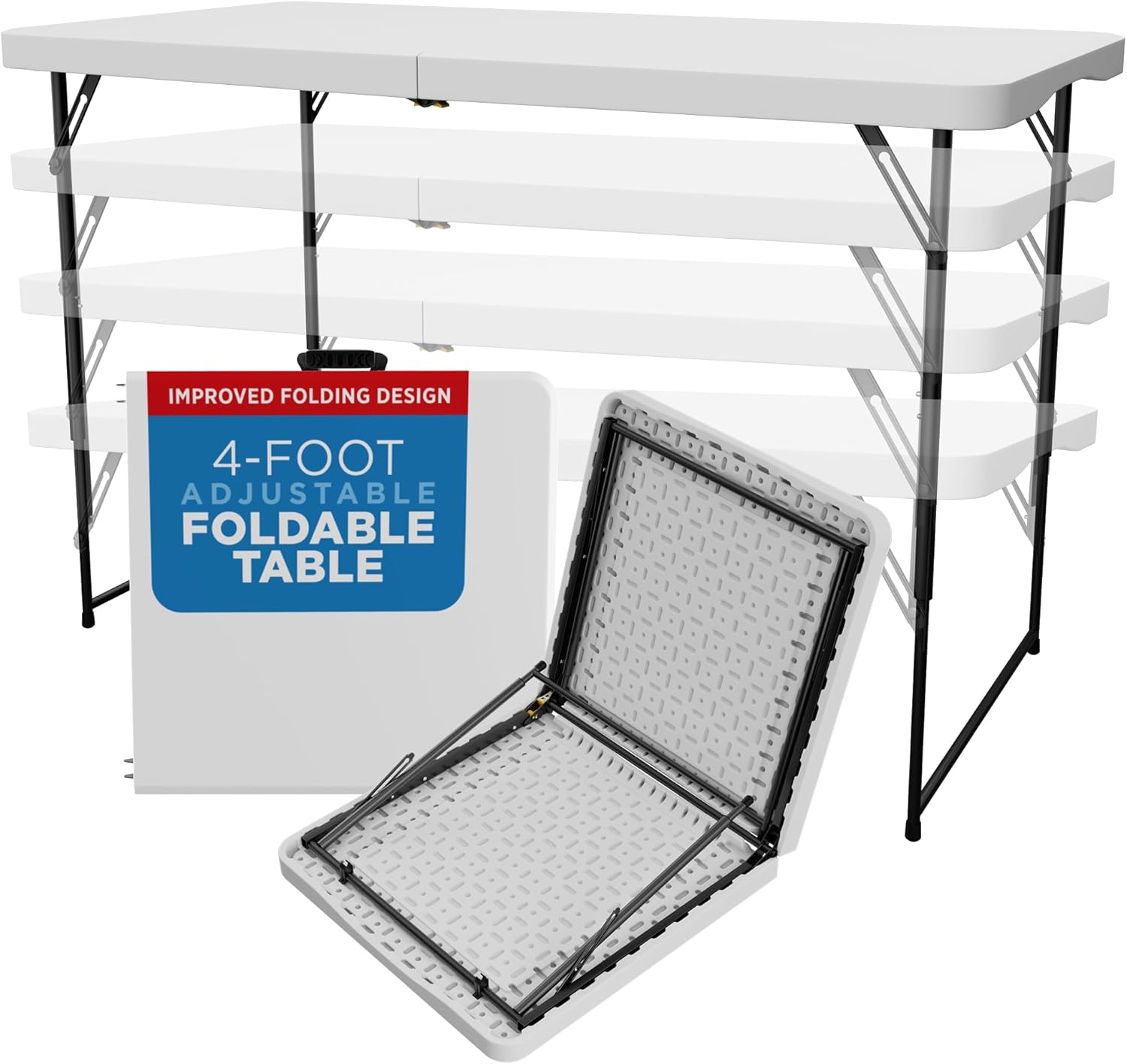 Sorfey Folding Table 4-Foot X 24 inch, Adjustable to 4 Heights, White Plastic 4f...