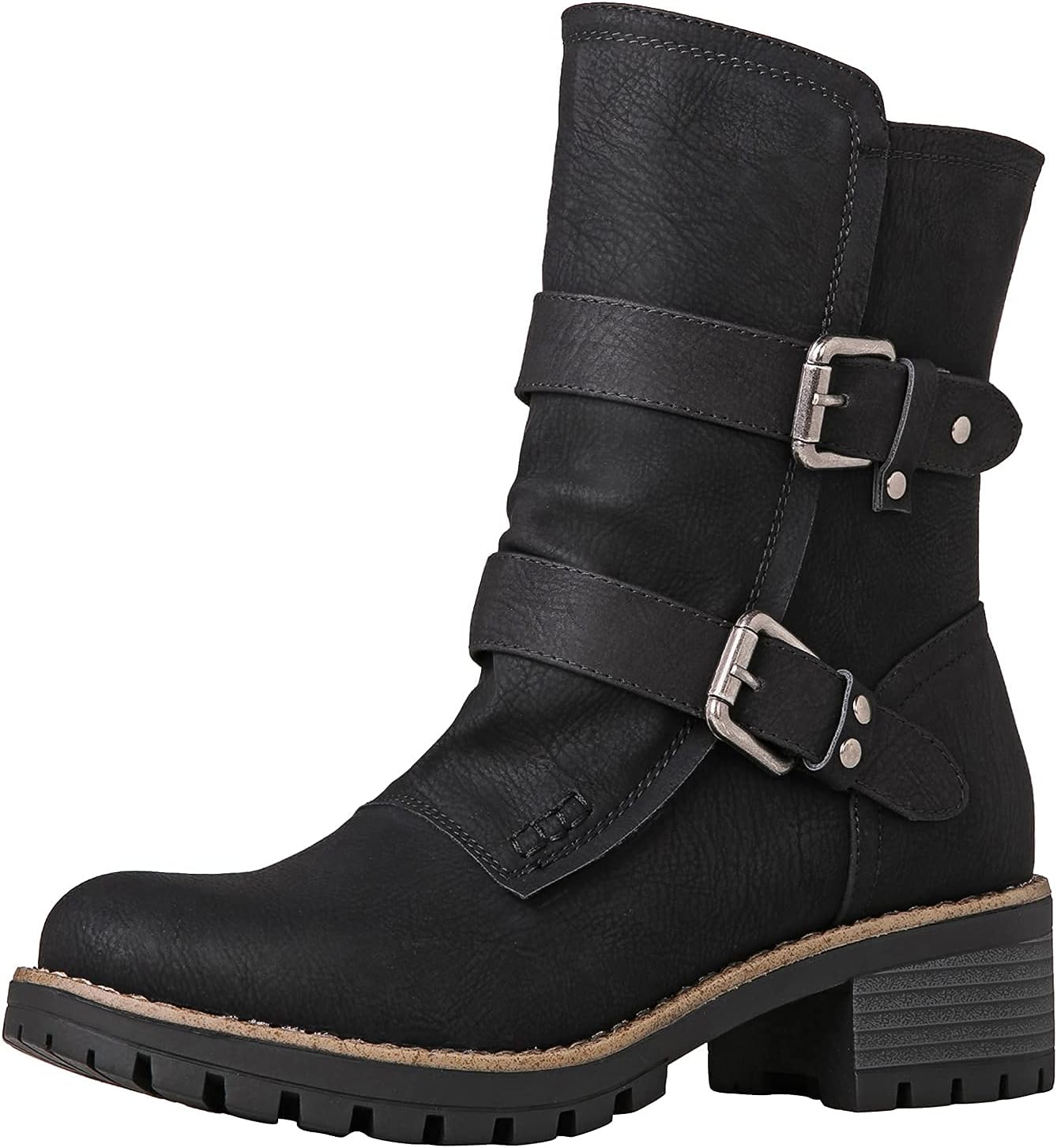 GLOBALWIN Women's Biker Boots Lace up Mid Calf Motorcycle Fashion Festival Boots...