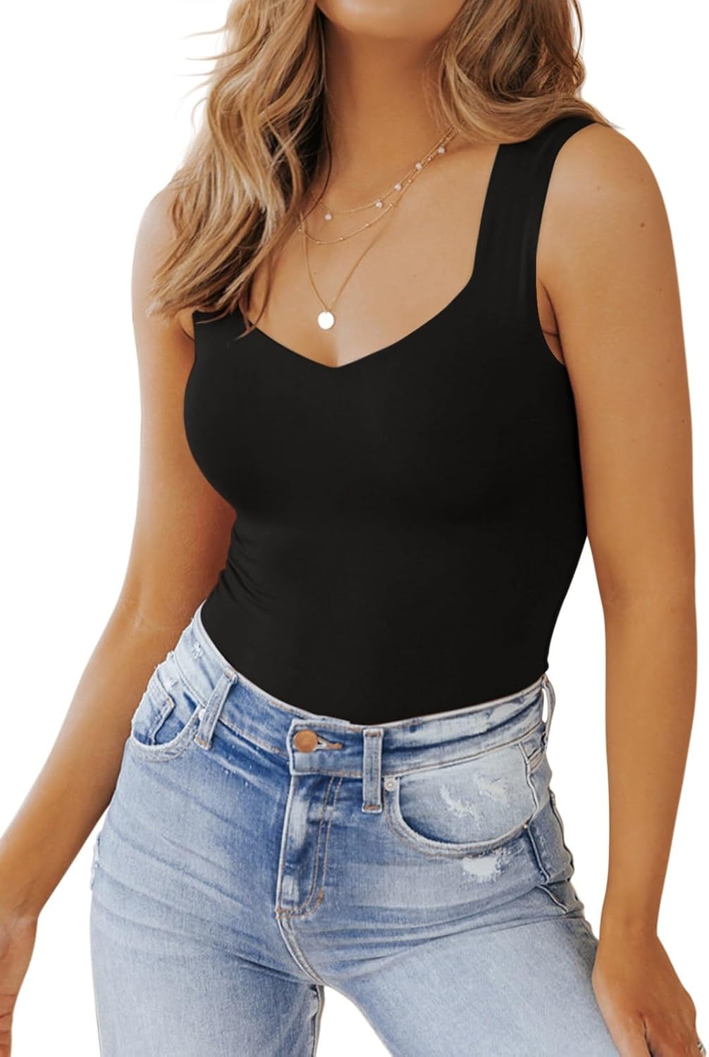 PINKMSTYLE Women's Basic Double Lined V Neck Tank Tops Sleeveless Shirts Slimmin...