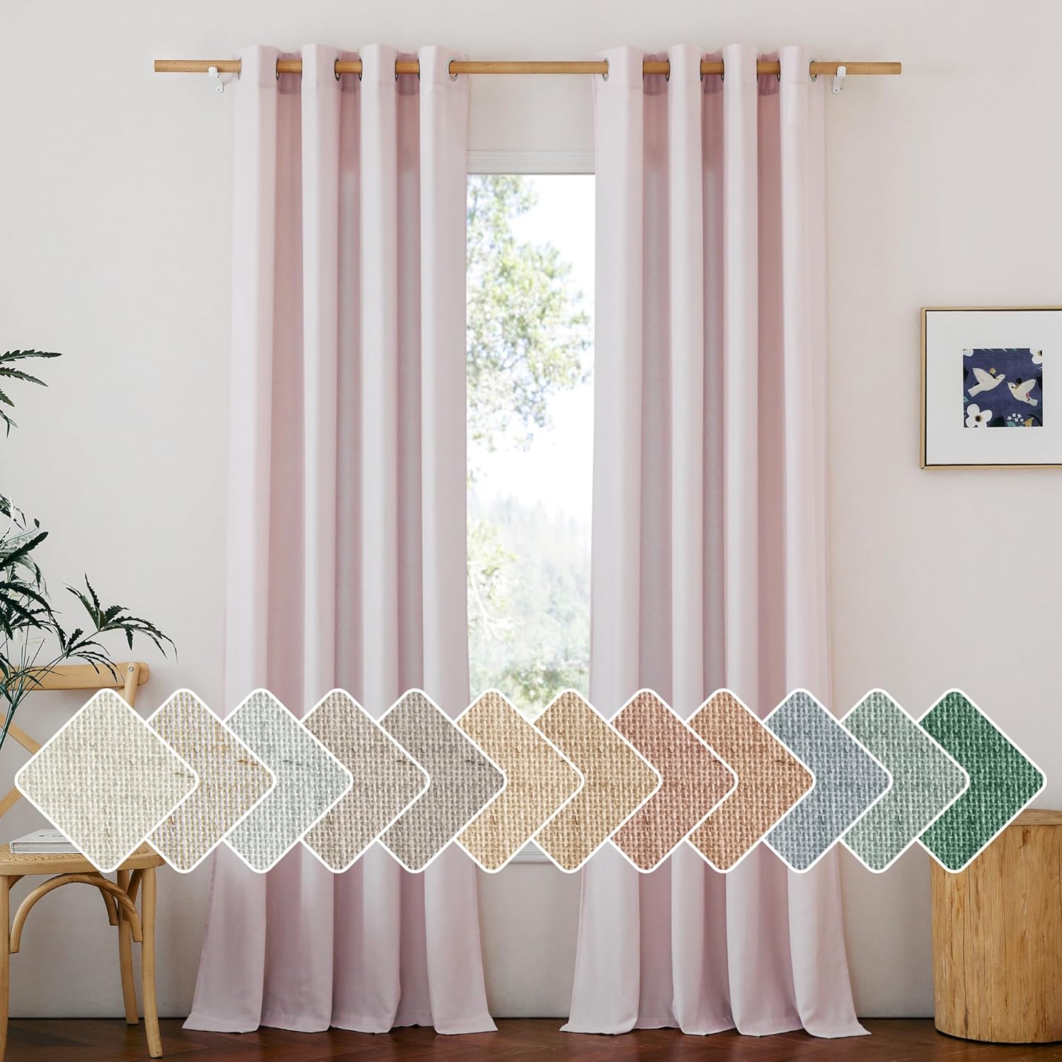 NICETOWN Thick Linen Blush Pink Curtains 2 Panels for Kids Room, Grommet Flax Li...
