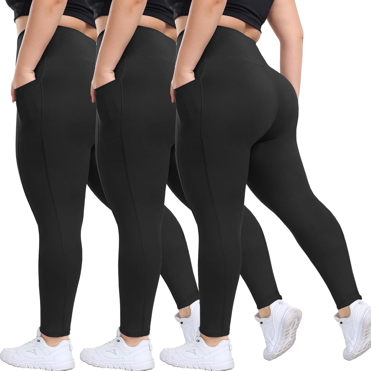 HLTPRO 3 Pack Plus Size Leggings with Pockets for Women - Black High Waisted Tum...