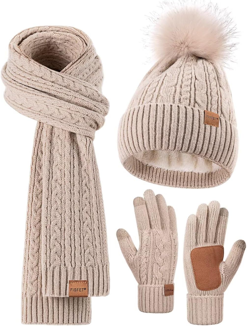 Winter Beanie Hat Scarf Gloves Set for Women, Pom Pom Beanie Fleece Lined Knit N...