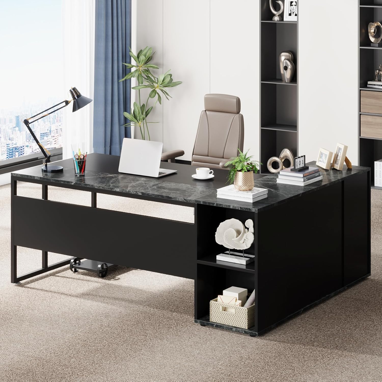 Tribesigns 71 inch Executive Desk, L Shaped Desk with Cabinet Storage, Executive...