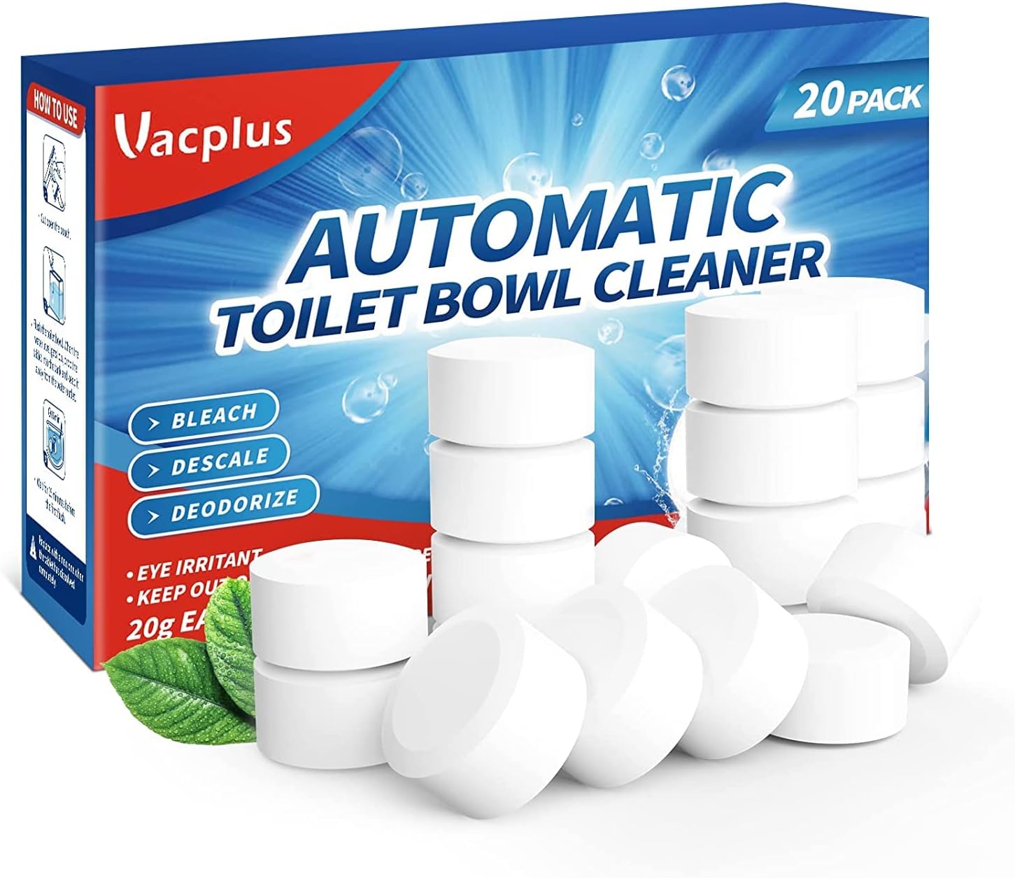Vacplus Toilet Bowl Cleaner Tablets 20 PACK, Automatic Cleaners with Bleach, Slo...