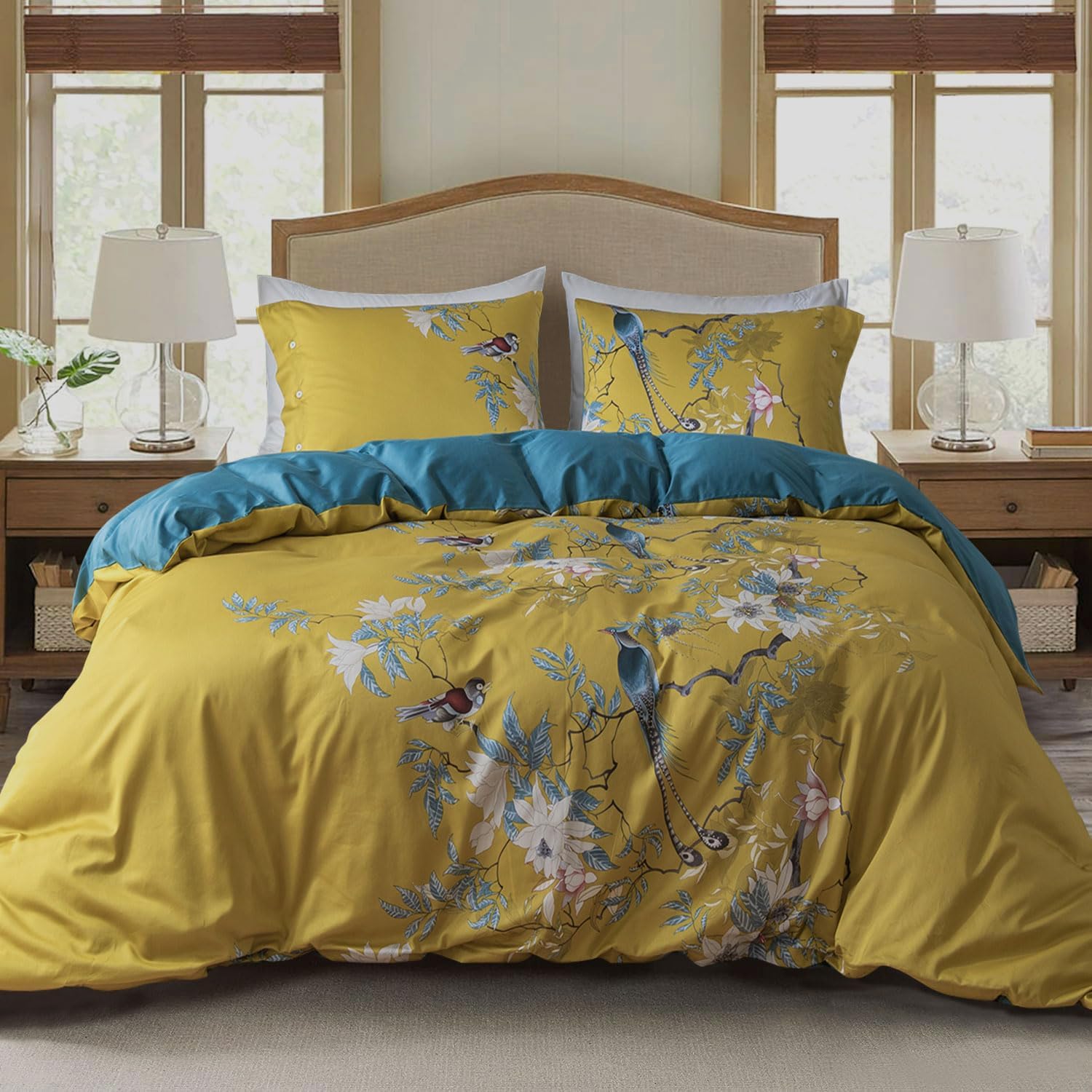 EAVD Vintage Garden Botanical Flower Cute Birds Pattern Duvet Cover King Cotton...