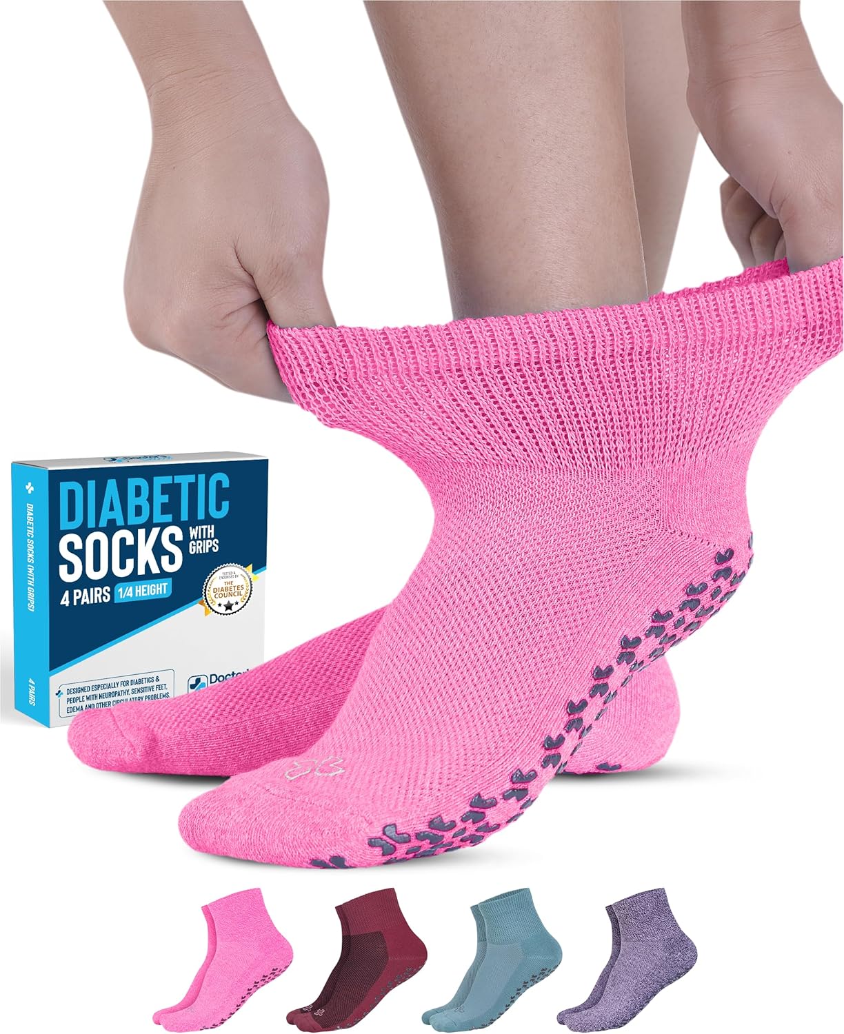 Doctor's Select Diabetic Ankle Socks with Grippers for Men and Women - 4 Pair 1/...